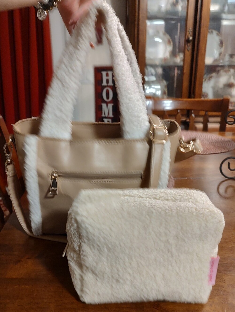 Cream Sherpa Trim Tote Handbag with Matching Pouch